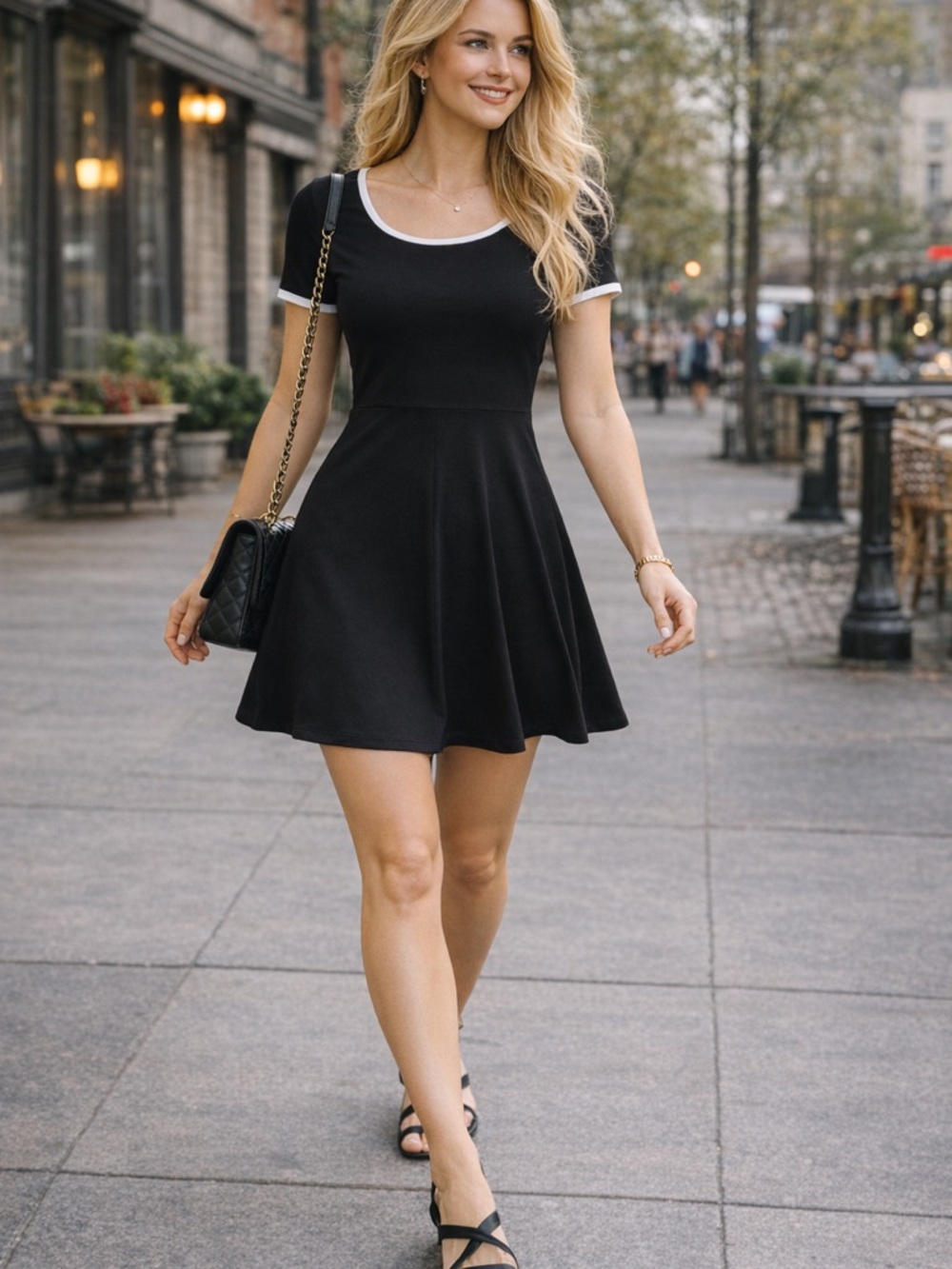 Isaac Mizrahi Black Mini Skater Dress with White Trim